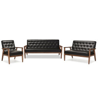 Baxton Studio BBT8013-Black 3PC Set Sorrento Mid-century Retro Black Leather Wooden 3 Piece Living room Set